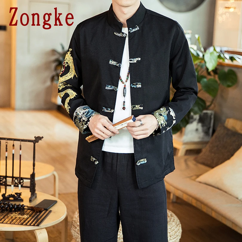 Zongke New Golden Dragon Embroidery Casual Jacket Men Coat Brand Slim Fit Bomber Jacket Male Windbreaker Men Coats M-5XL