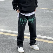 Pantalones vaqueros negros de estilo Hip Hop para hombre, Jeans holgados de tubo recto, estilo americano, Hip Hop, con cremallera lateral