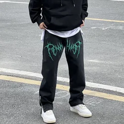 Pantalones vaqueros negros de estilo Hip Hop para hombre, Jeans holgados de tubo recto, estilo americano, Hip Hop, con cremallera lateral