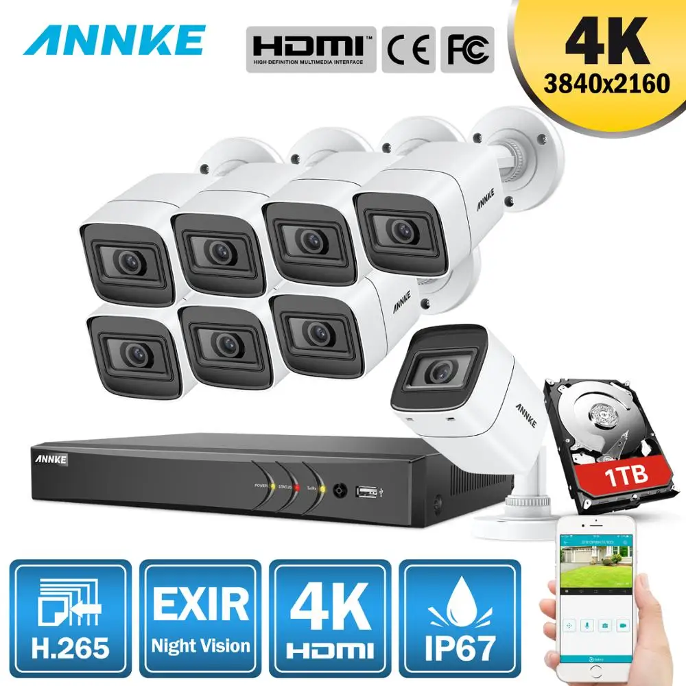 ANNKE 4K HD ультра прозрачная 8CH видеонаблюдения Системы 5in1 H.265 DVR с 4X8X8 Мп открытый Водонепроницаемый Камера системы видеонаблюдения