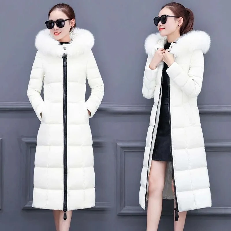 Women 2021 New Winter Down Big Cotton Fur Collar Jacket Female Long Section Over The Knee Thickening Slim Warm Cotton JacketA120