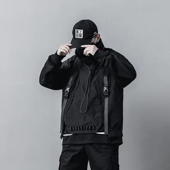 

Male High Street Hip Hop Tooling Coat Waistcoat Outerwear Men Pullover Hooded Sleeveless Cargo Jacket Vest Removable Hat