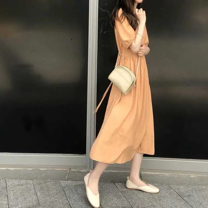 Elegant Woman Party Holiday Dress 2020 One-Piece New Summer Vintage Chiffon Dress Lady Korean Sweet Office Casual Loose Dresses