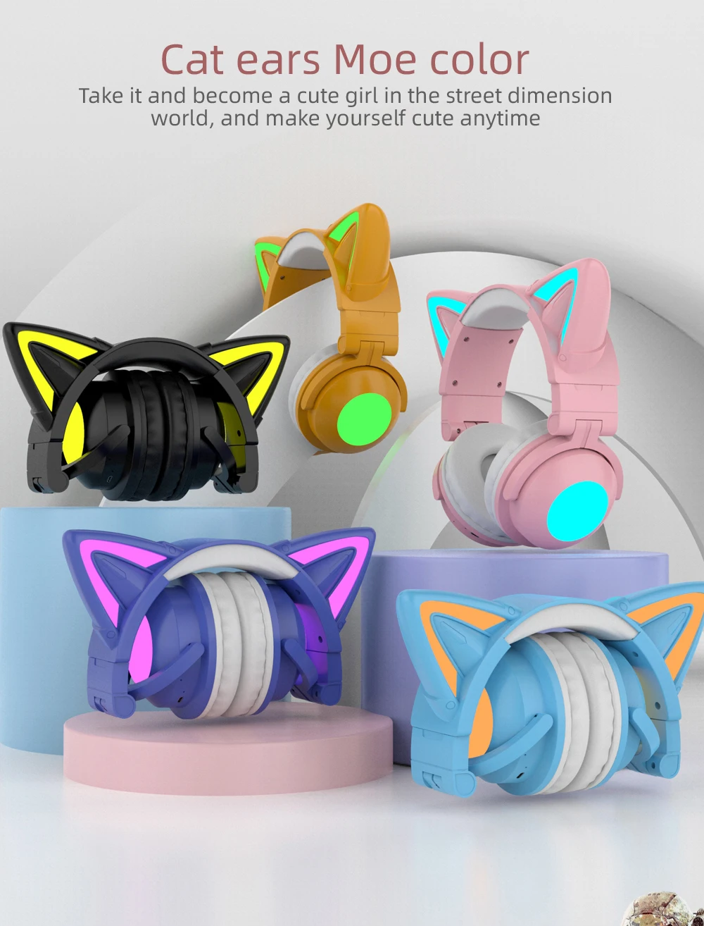 New ZW068 Bluetooth5.0 Headphone Wireless Headset With HD Microphone Cat Ear Cute LED Light Flashing for Girl Gift