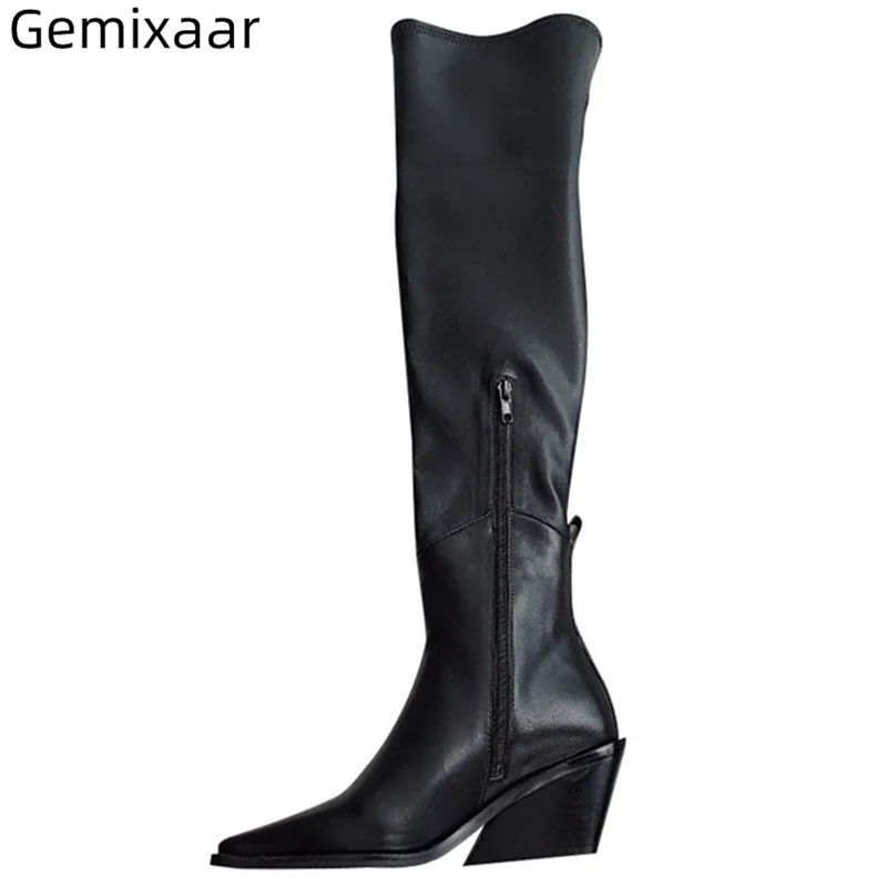 

New Coming Boots Women Point Toe Chic Kitten Square Low Heel Ladies Shoes Women Over Knee Stretch Fabric Upper Woman Boots Mujer