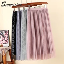 Женская длинная юбка с алмазным бархатом и сеткой SURMIITRO, плиссированная макси-юбка с завышенной талией в корейском стиле для женщин осень зима