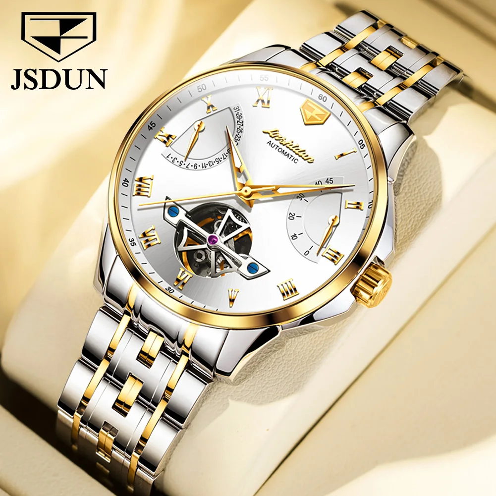 

JSDUN Original Automatic Watch Men Mechanical Sapphire Mirror Luxury Skeleton Watches Stainless Steel Waterproof Wristwatch 50M