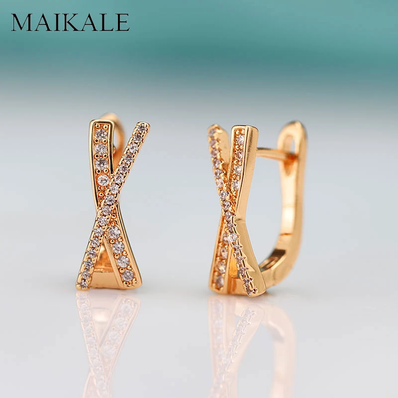 Женские серьги гвоздики MAIKALE золотистые/геометрические с цирконием в форме х