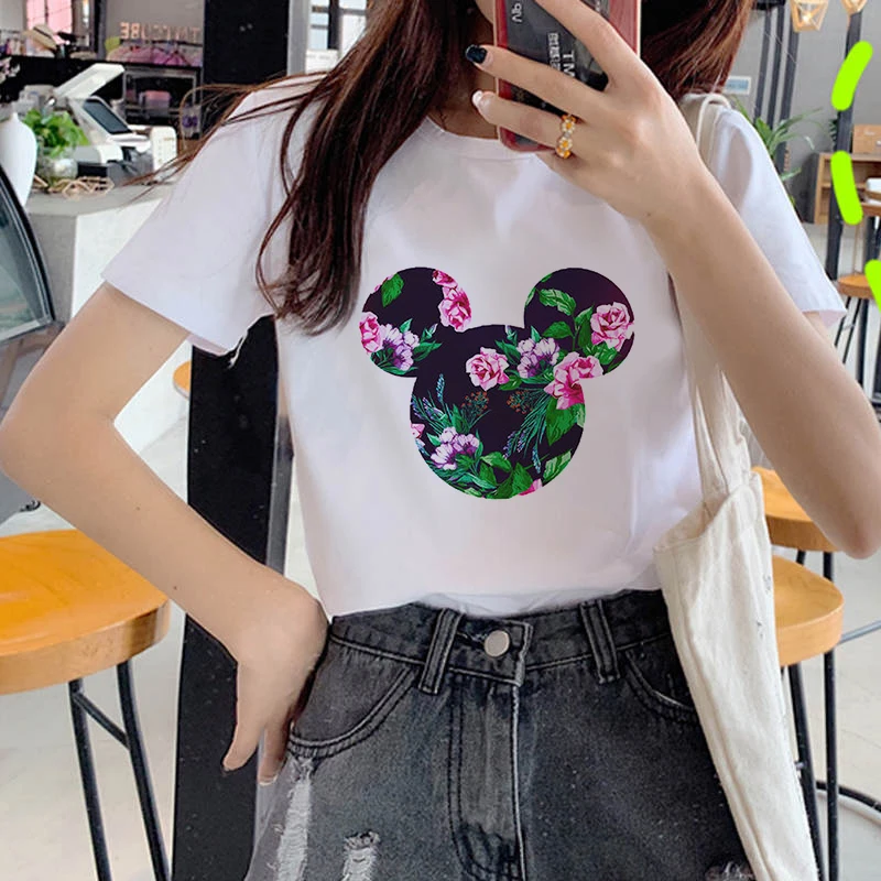 Women's Wreath T-shirt Cute Mickey's head clothes ladies short sleeve Kawaii Tees top graphic T-shirt   printing T-shirt female