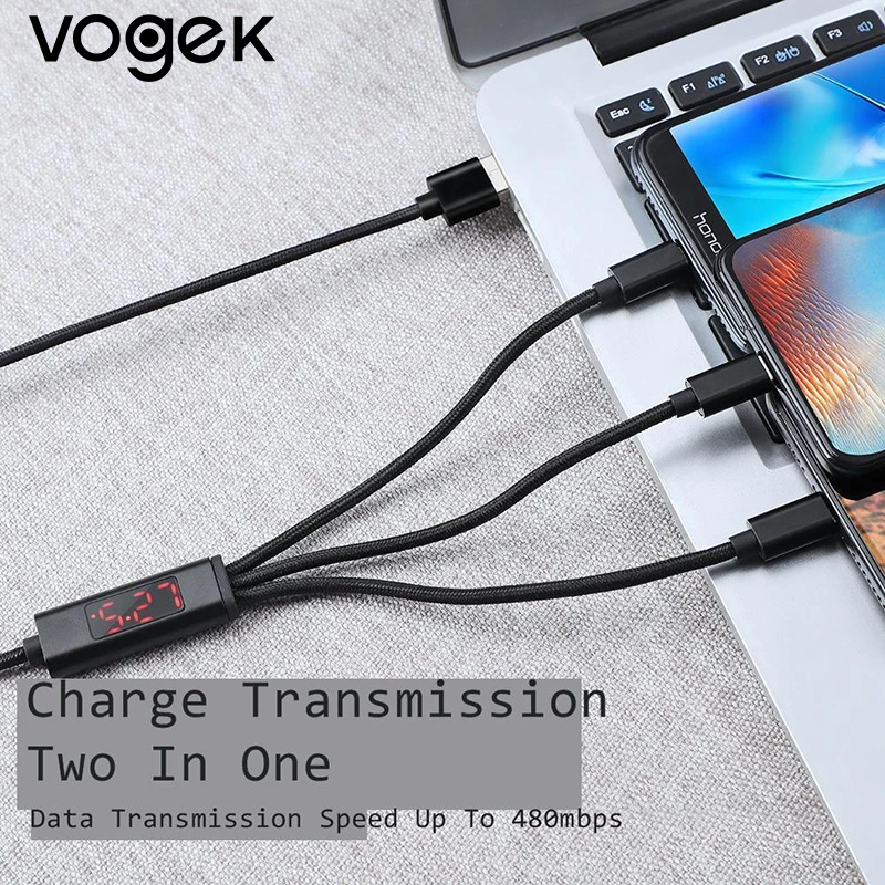 Vogek 3в1 3а USB кабель для телефона со светодиодный цифровым дисплеем Быстрая зарядка