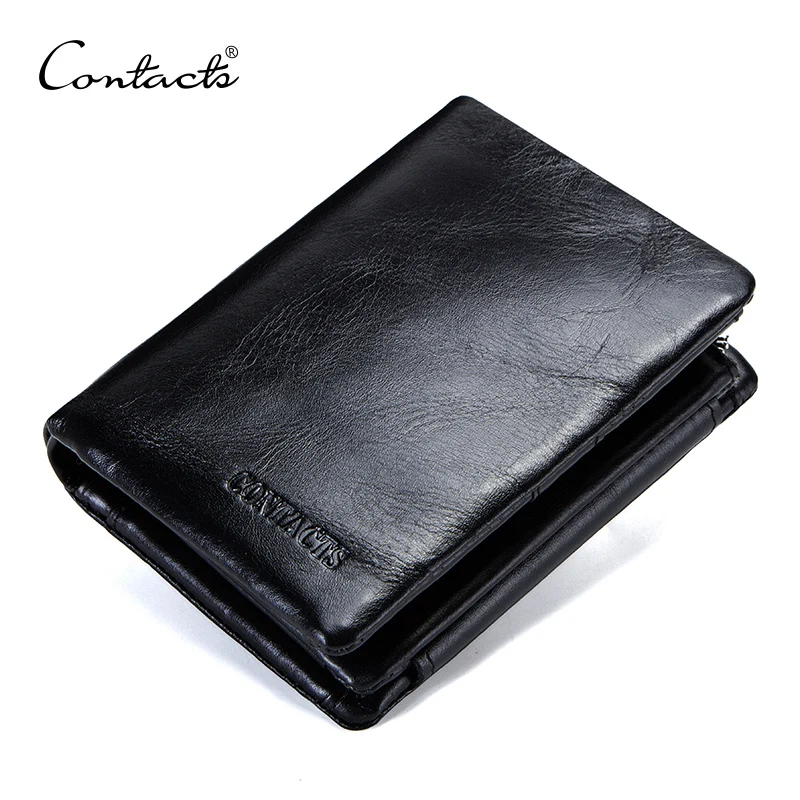 

Contacts Men's Genuine Leather Wallet Trifold Brand Zipper Coin Purse with Card Holder