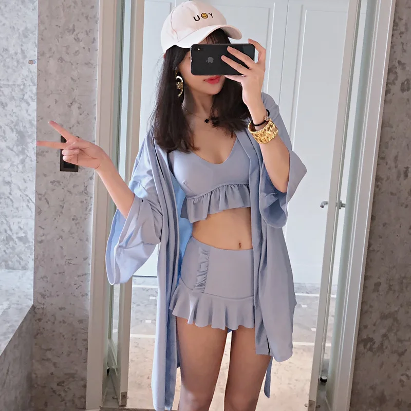 

2019 New Blue Color Skirt Three-piece Set Two-piece Swimsuits Women's Underwire Push up High-waisted Slimming Cover Meat Hot Spr