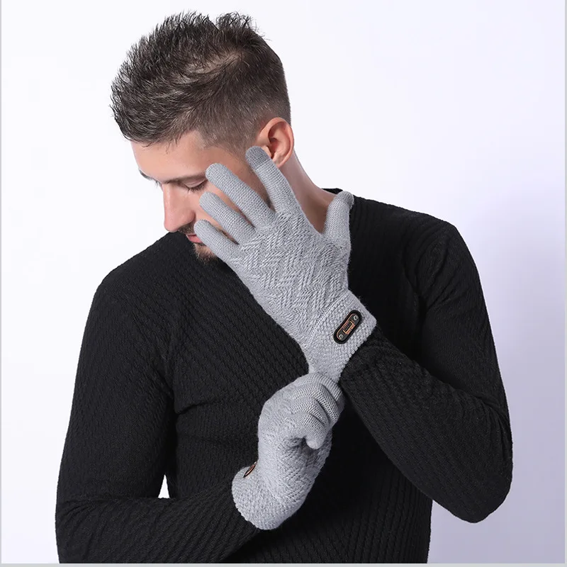 best mens gloves Fashion Men Full Finger Touch Screen Gloves Winter warm Acrylic Wool Plus Plush Thick Jacquard Knit Warm Half Finger Mittens C2 leather ski gloves