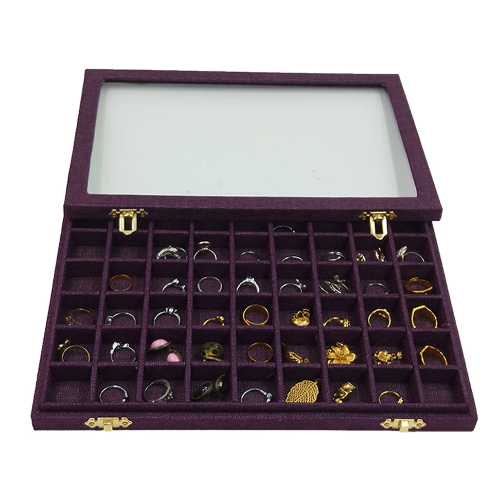  Jewelry Tray Box Storage Ring Bracelet with 54 Mini Grids Clear Glass Lid Showcase Display for Home Shop Counter Organizer Ring