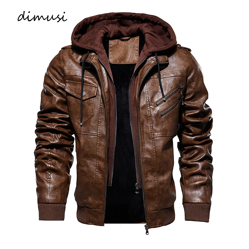 

DIMUSI Autumn Winter Men's Leather Jackets Casual Mens Motorcycle PU Jacket Biker Leather Windbreaker Hooded Coats Clothing