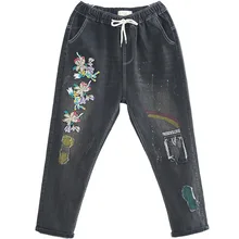 OMIKRON женские осенние модные винтажные Цветочные вышитые джинсы черные из денима женские повседневные Лоскутные эластичные шаровары брюки