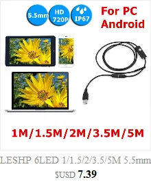 LESHP 6LED 1/1. 5/2/3,5 м 5,5 мм объектив эндоскоп водонепроницаемый IP67 инспекционный бороскоп для Android PC USB Кабельный эндоскоп