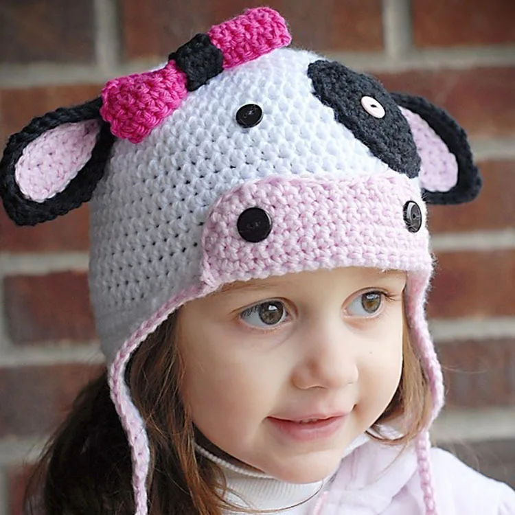 

Cow Children's Autumn and Winter Hats Handmade Knitted Hats Children's Ear Protection Hats Baby Photography Props