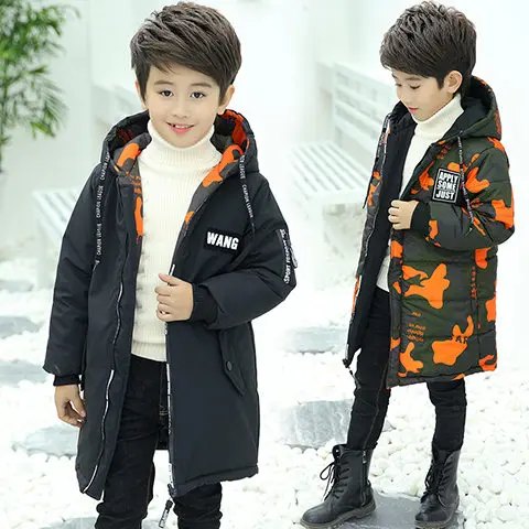Детская камуфляжная толстовка с капюшоном, двусторонняя зимняя куртка для мальчика, Детская армейская камуфляжная куртка, пальто, зимняя камуфляжная одежда для мальчиков-подростков - Цвет: Черный