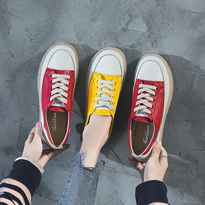

Lace-Up Pu Sneakers Women Solid Flat Jelly Sole Shallow Spring Autumn Colorful Shoes for Women Women Flat Sneakers Candy Color
