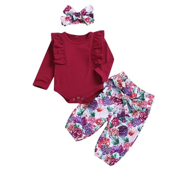

New Spring Baby Girls Fahion Flower Set Newborn Baby Girls Tops Romper Floral Pants Headband Outfits Set Clothes 0-18M 3Pcs