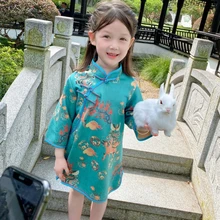 

2022 New Year Spring Festival Traditional Chinese Suit Girl QIpao Kid Hanfu Children Dress Retro Vintage Winter Costumes Cotton