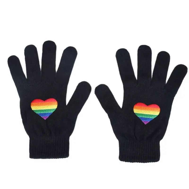 A Унисекс Зимние вязаные перчатки на полный палец Gay Pride радужные полосы сердце варежки - Цвет: A
