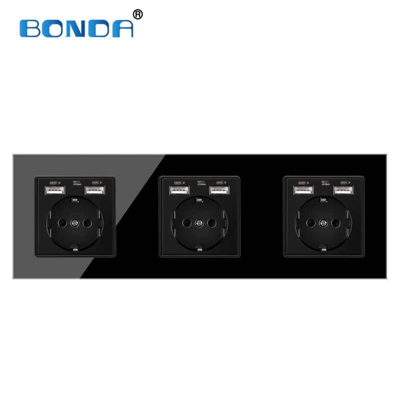 Настенная USB розетка BONDA Европейский и немецкий стандарт черная кристаллическая