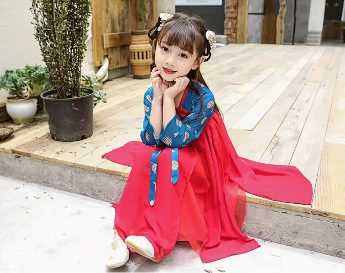 Hanfu/Детское платье для маленьких девочек; элегантные костюмы Феи; костюм Древнего Китая с цветочным принтом; одежда для детей в Корейском стиле