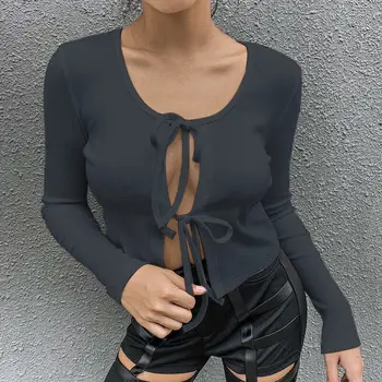 

Womens Cardigan Long Sleeve Knitted Lace Up Bandage Cardigan Loose Shirts Crop Tops Casual Solid Color Crew Neck Blouse 2020 Hot