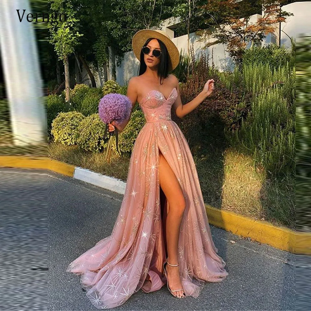 

Verngo Sexy Sweetheart Evening Dresses Blush Pink Shiny Side Slit Long Prom Gowns Party Dress Formal Wear