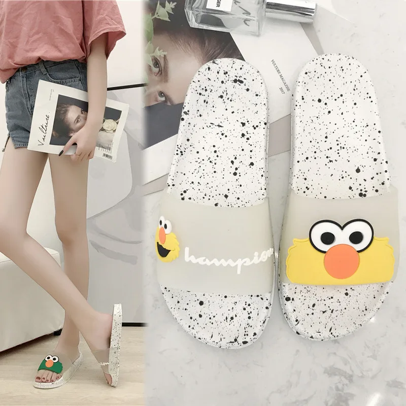 

2019 Summer Hong feng lian ming kuan Sesame Street Slipper Women's Beach Slipper Flat Lazy Care CHIC Cartoon Pattern