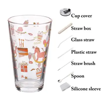 

Fashion Print Heat-Resistant Glass Cup Set Creative Multipurpose Drinking Glass Measuring Cup With Scale Spoon Drinking Utensils