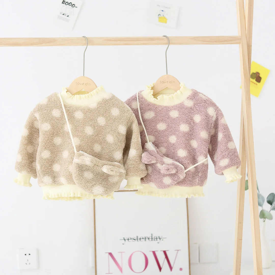 WLG winter kids t shirts warm polka dot casual clothes girls velvet fashion tops with bag