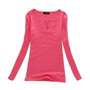 

Fashion Women Autumn Stretch Slim Long Sleeve Blouse Pure Color V Neck Basic Tee