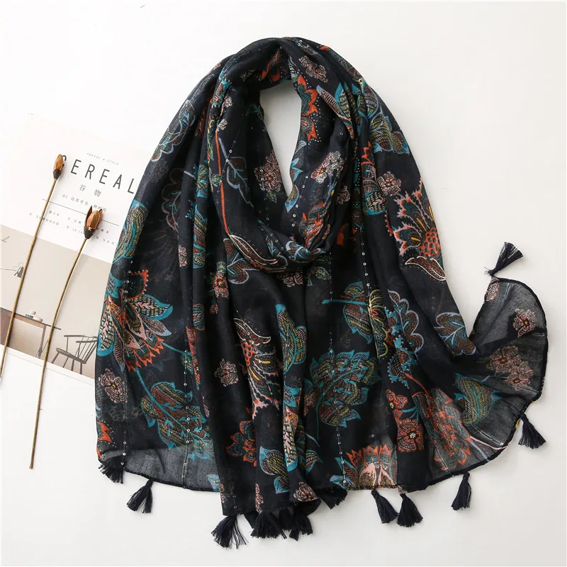 2021 Newest Floral Tassels Scarf Hijabs With Beads Fashion Bohemia Long Shawls Women Muslim Head Wrap Turbans Headscarf 180*90cm