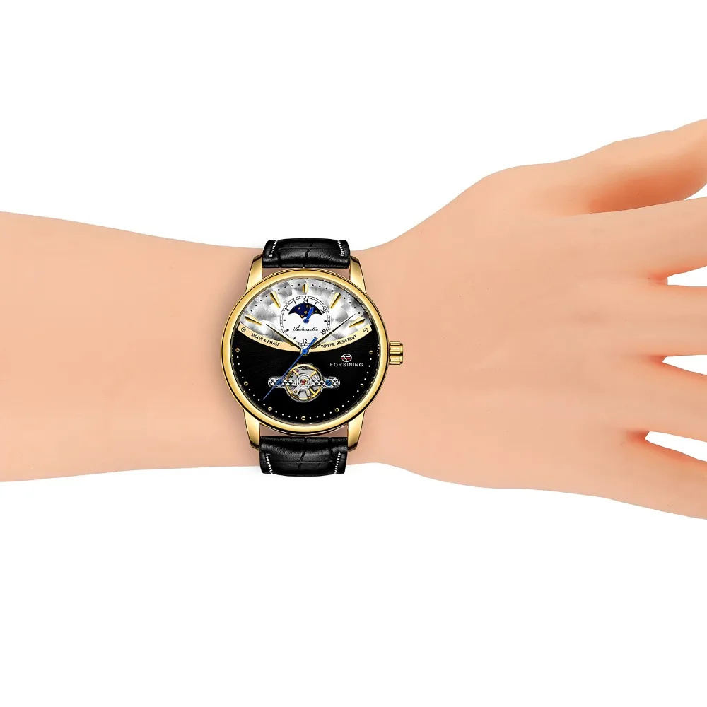 FORSINING новейшие Moon Phase Tourbillion автоматические мужские часы jam tangan reloj de pulsera водостойкие часы