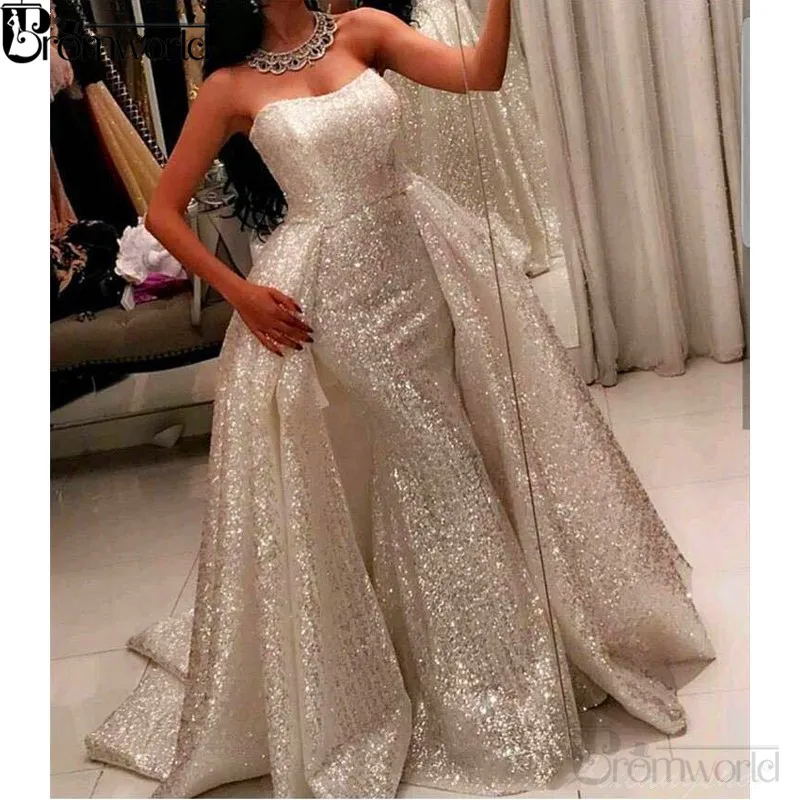 

Sparkling Muslim Evening Dresses Strapless Sequin Mermaid Prom Dress vestidos de gala Long Evening Gown Detachable Train
