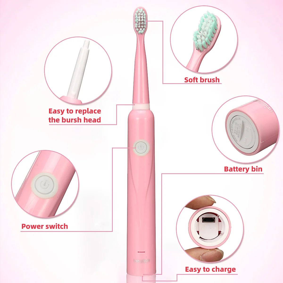 USB Rechargeable Electric Toothbrush Waterproof Toothbrush Soft Bristles Teeth Whitening Personal Care Appliance Pink/White/Blue