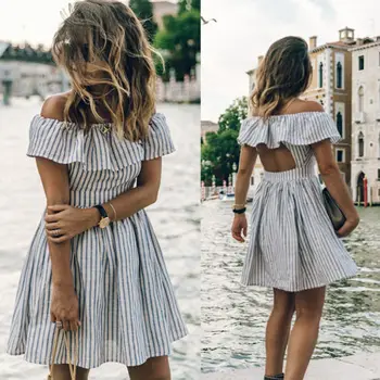 

Summer Women Off Shoulder Striped Dress Strapless Ruffles Boho Ladies Short Mini Party Dresses Robe Sundress Party Playsuit