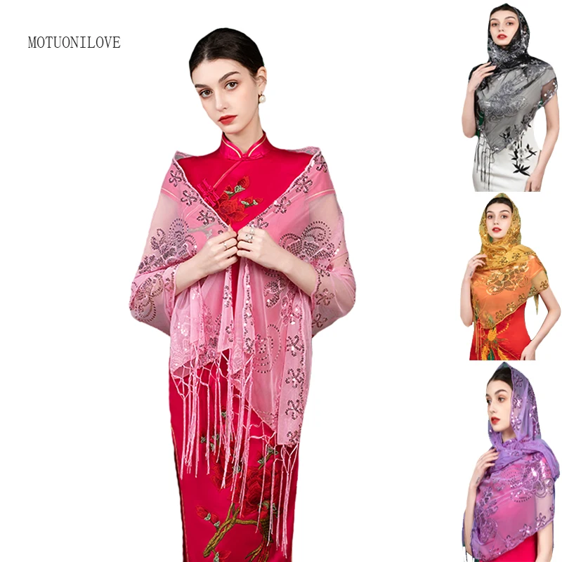 

Vintage Tassels Wedding Long Shawl Pink Gold Red Sequins Womens Ladies Wedding Capes Bridal Shrug Wraps Evening Wedding Cover Up