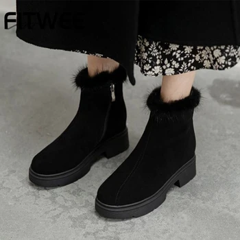 

FITWEE Real Leather Women Ankle Boots Warm Fur Fashion Platform Winter Shoes Woman Plush Short Boot Lady Footwear Size 34-39
