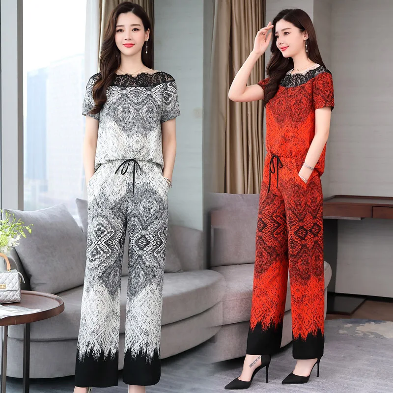 

Kuotaitai WOMEN'S Suit Retro Nobility 2019 Summer Wear New Style Ethnic-Style Elegant Lace Slimming Trousers Two-Piece Set