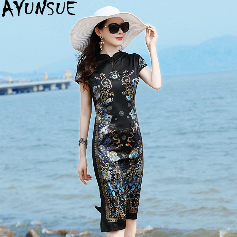 

Real Silk Summer Dress 2020 Vintage Elegant Midi Dress Women Clothes Cheongsam Ladies Dresses clothes Dress Vestidos 19460
