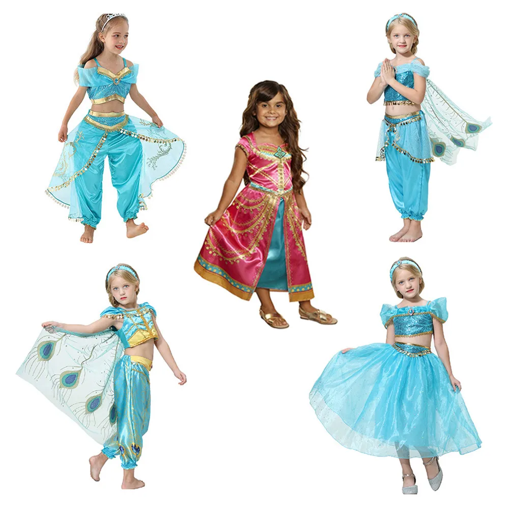 Детское летнее танцевальное платье принцессы жасмин для девочек, костюм, костюм Аладдина на Хэллоуин, рождественское представление, топ, юбка, штаны, комплект из двух предметов
