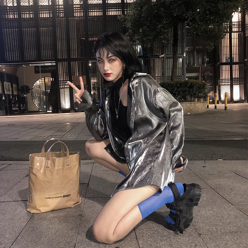 Лето Harajuku Лазерная блестящая повседневная рубашка для женщин с длинным рукавом серый синий крутые блузки Защита от солнца одежда тонкий солнцезащитный Топ