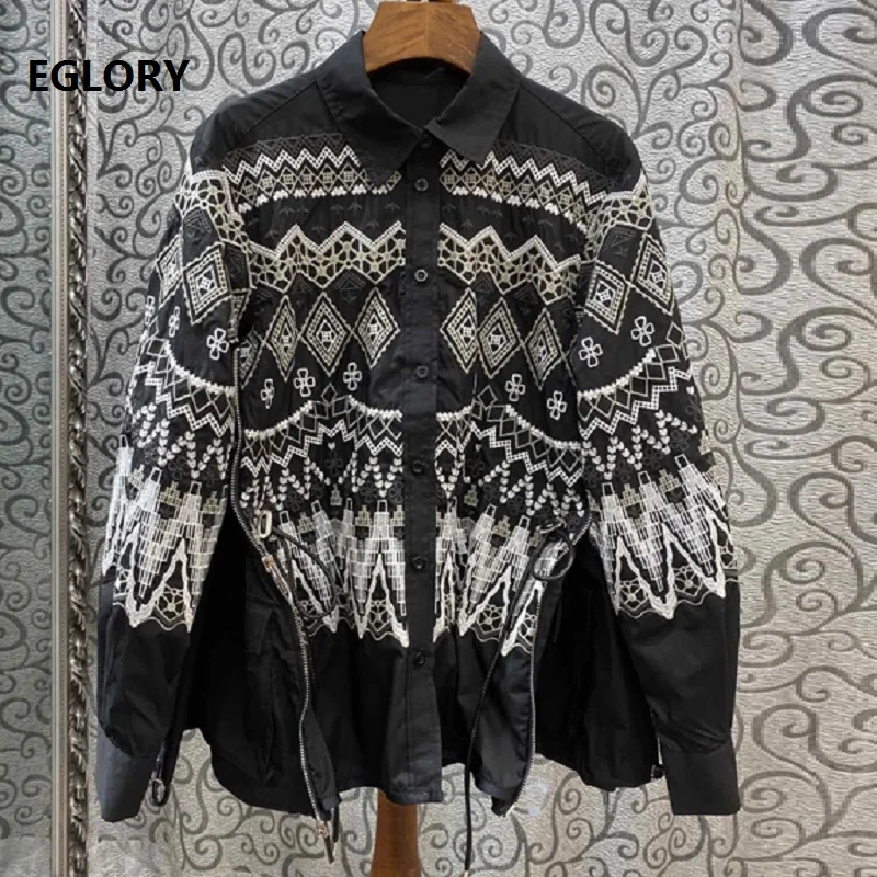 

High Quality Jacket 2019 Autumn Tops Coat Women Turn-down Collar Exquisite Embroidery Front Zipper Patchwork Casual Vintage Coat