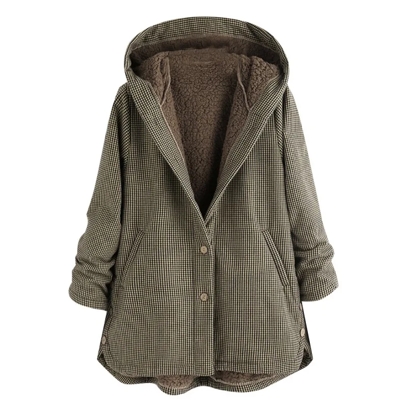 Женская куртка женская Chaqueta Mujer Manteau плюшевая одежда зимняя теплая клетчатая с принтом размера плюс с капюшоном и карманом выше размера Верхняя одежда