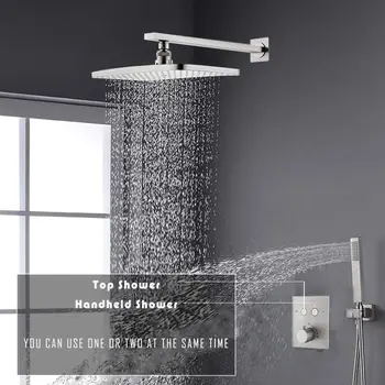 

Thermostatic Shower System, Brass Brushed Nickel Finish, Rectangular 12 x 8 Inch Rainfall Shower Head Set