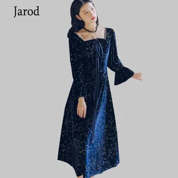 

Spring Women Long Party Dress 2020 Elegant Blue Velvet Bow Square collar Dress Vintage Slim Fashion Big Swing Vestido